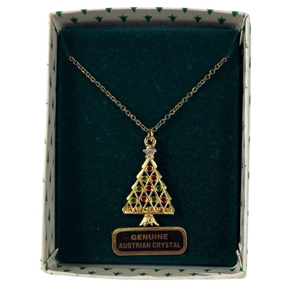 New Christmas Tree Austrian Crystal Necklace Gold Tone Green Gift Box